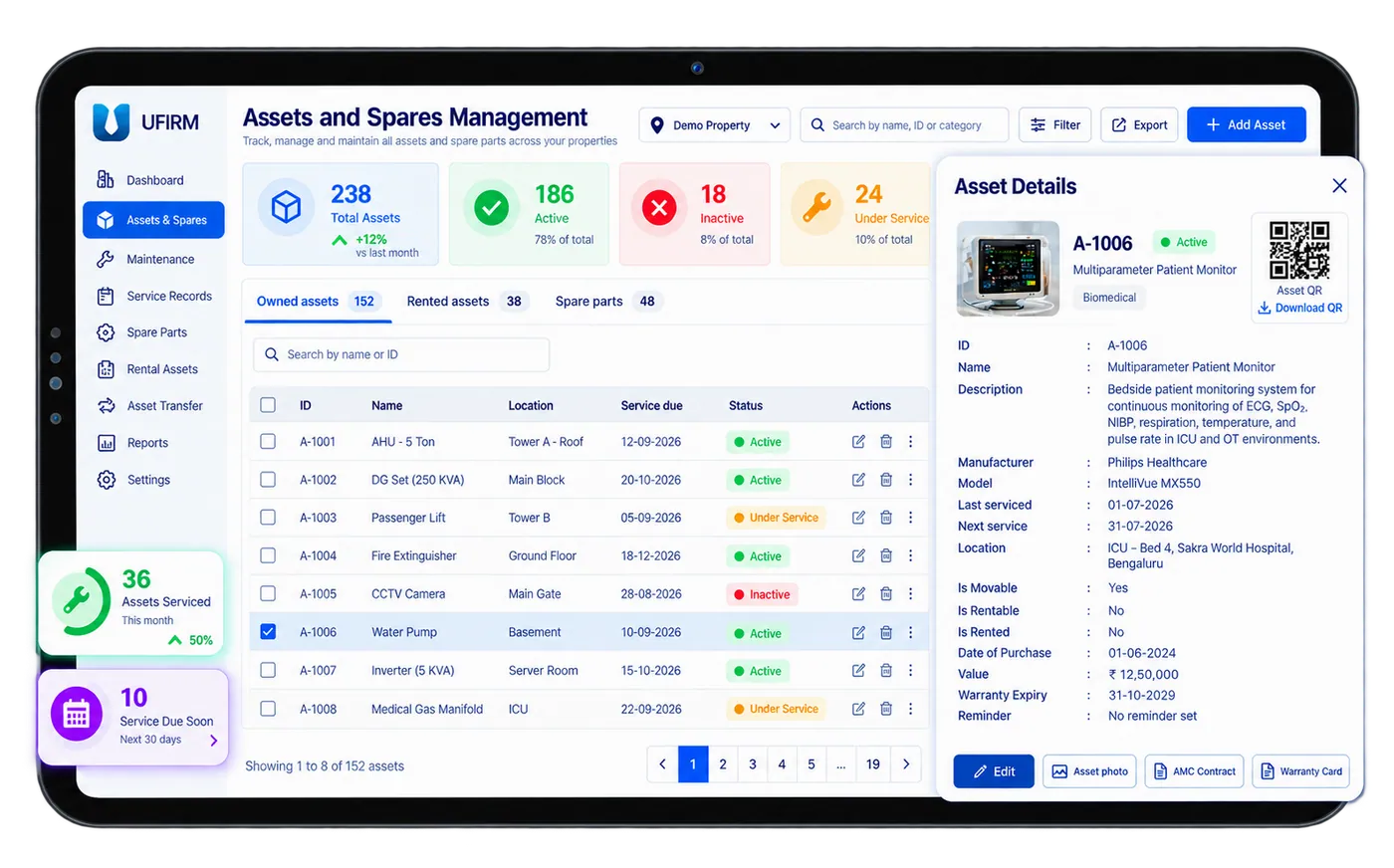 Firmity Assets & Spares Automation dashboard showing asset registry and AMC status