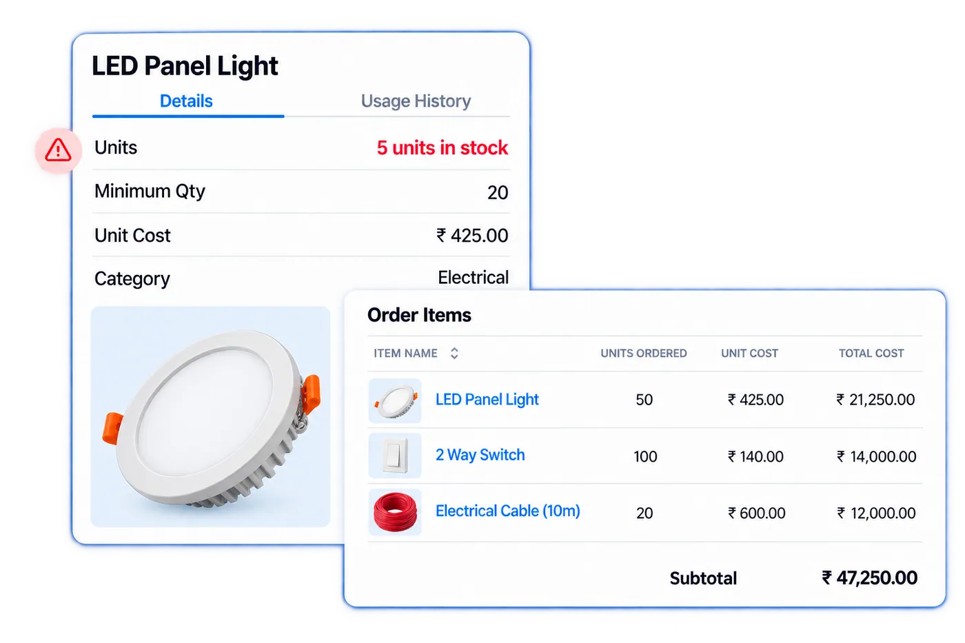 Firmity Inventory & Vendor Automation ERP dashboard showing stock levels and purchase orders