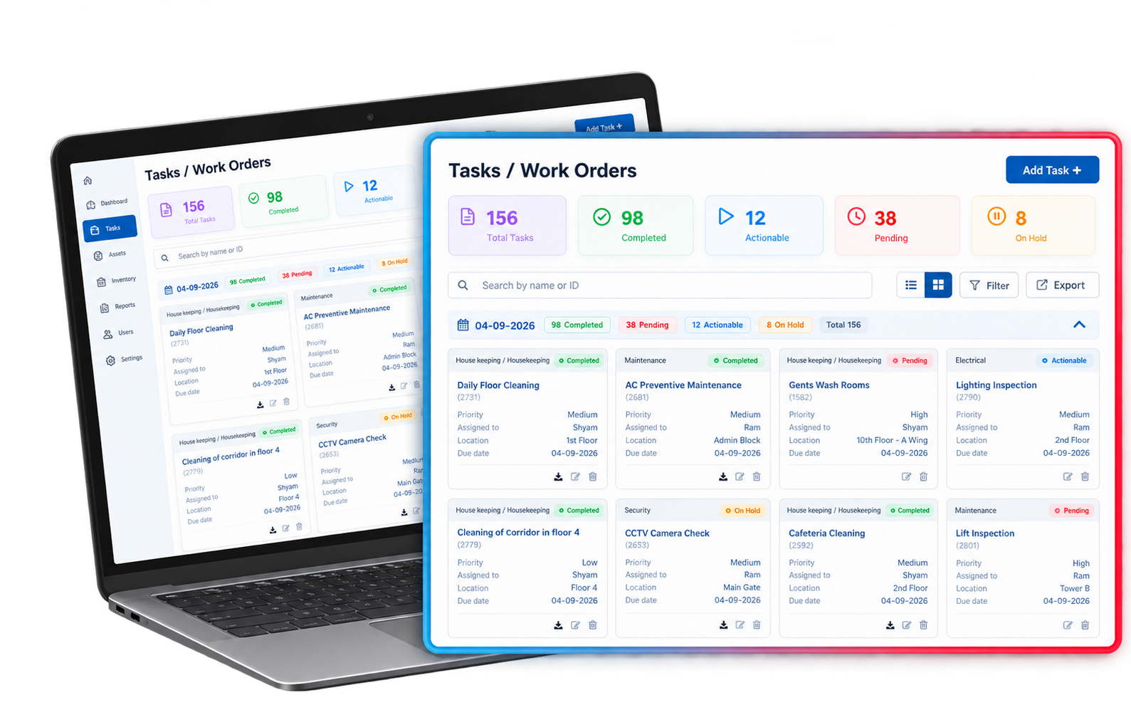 Firmity Facility Task Automation dashboard showing scheduled tasks and completion status